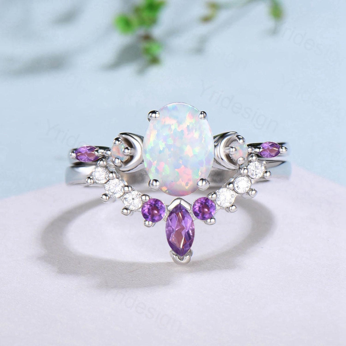 Vintage Oval Opal Engagement Ring Set Unique Marquise Amethyst Moon Fire Opal Wedding Ring 925 Sterling Silver 2pcs Bridal Ring Set Women