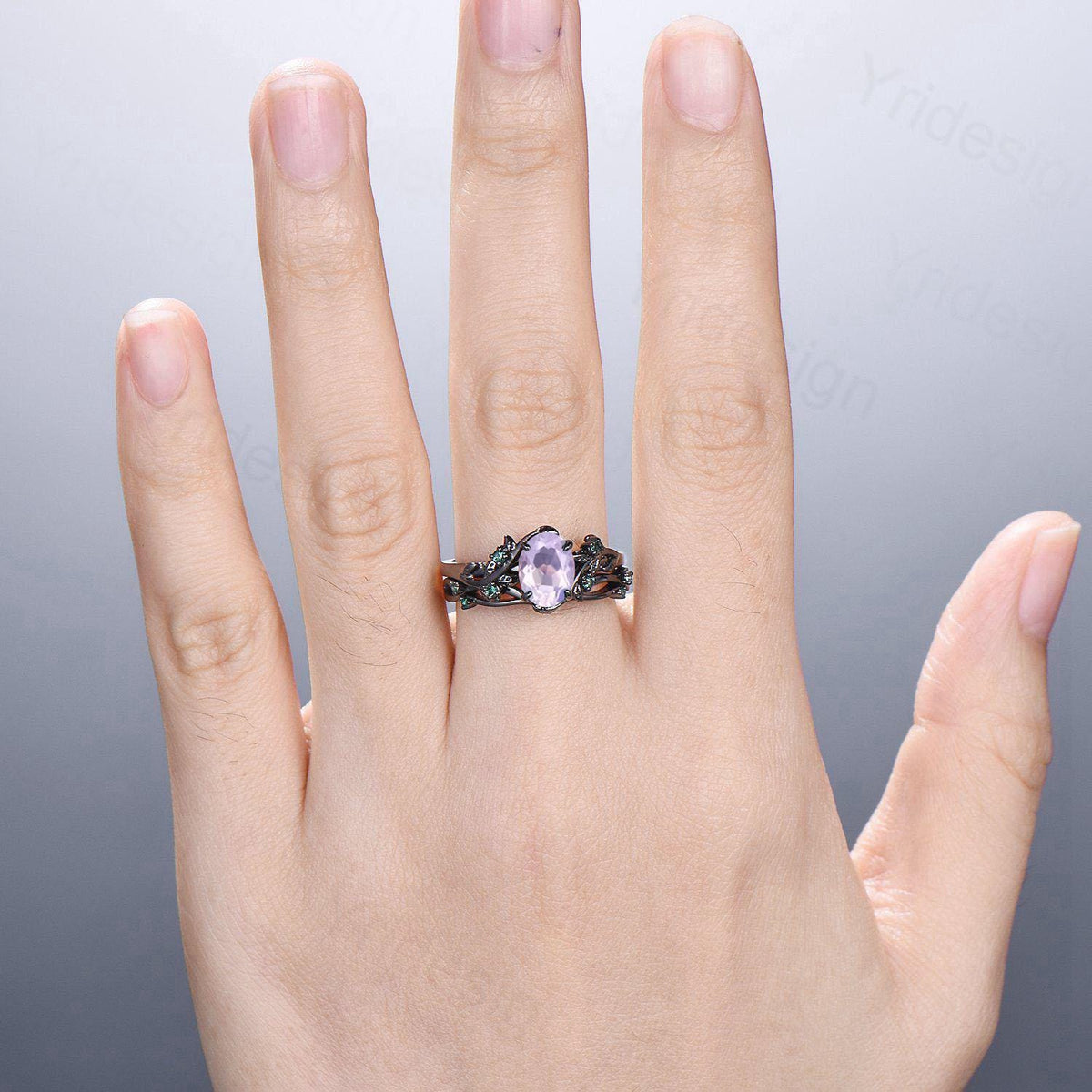 Gothic Oval Lavender Amethyst & Emerald Engagement Ring in Black Gold - Nature Inspired Elvish Vine Band