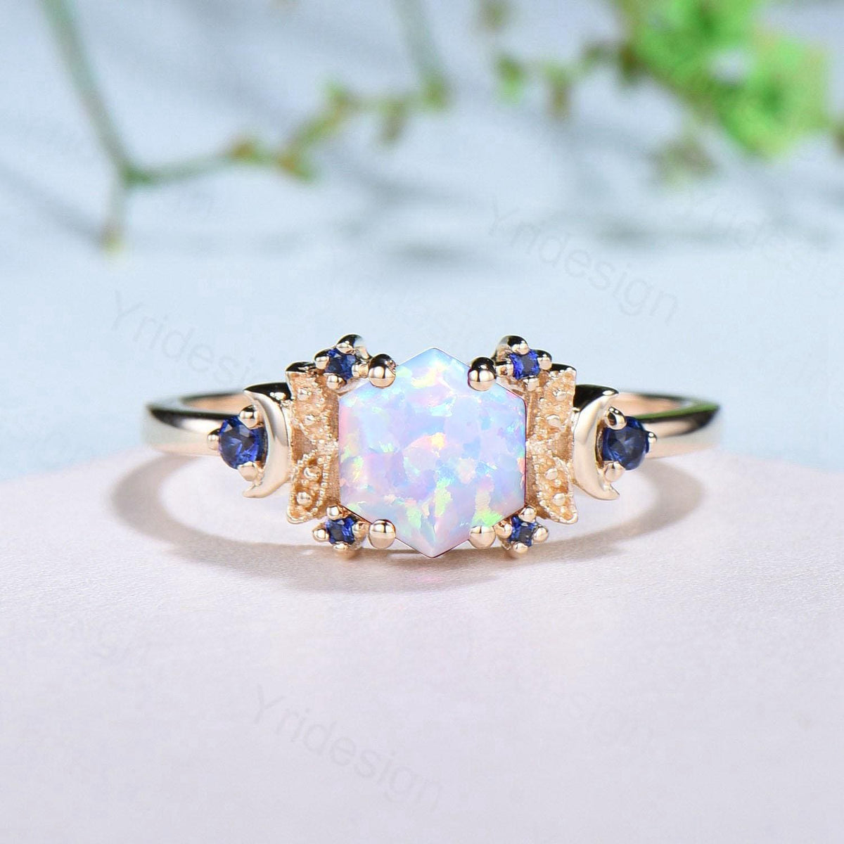 Vintage Moon opal engagement ring unique hexagon cut white opal milgrain wedding ring rose gold cluster sapphire ring handmade proposal gift