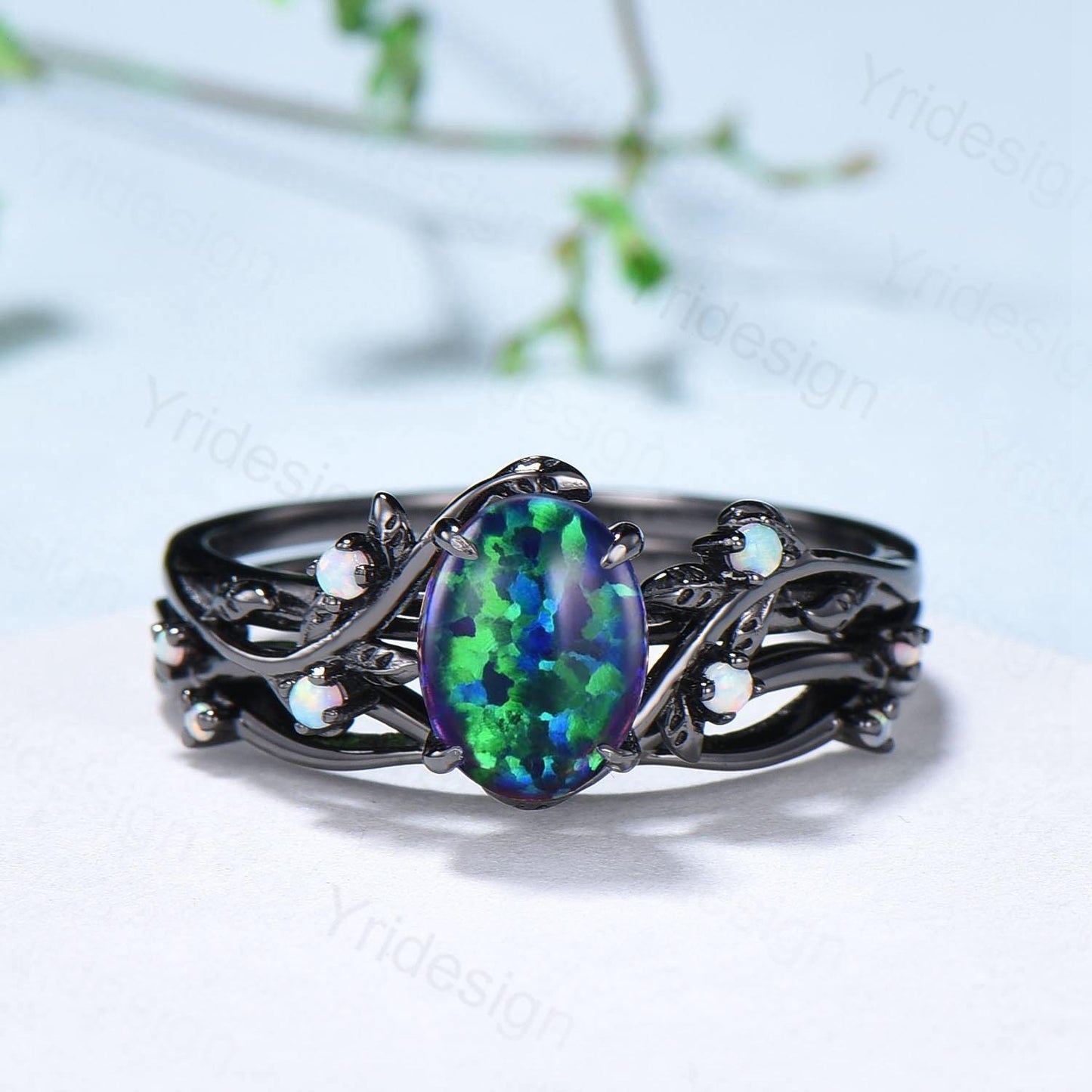 Nature Inspired Black Opal Wedding Ring Set Elegant Twig Black Gold Opal Engagement Ring Twig Vine Branch Bridal Set Unique Anniversary Ring