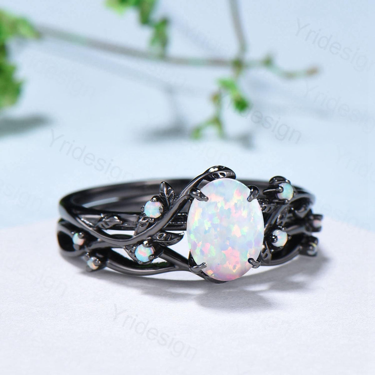 Nature Inspired Black Opal Wedding Ring Set Elegant Twig Black Gold Opal Engagement Ring Twig Vine Branch Bridal Set Unique Anniversary Ring