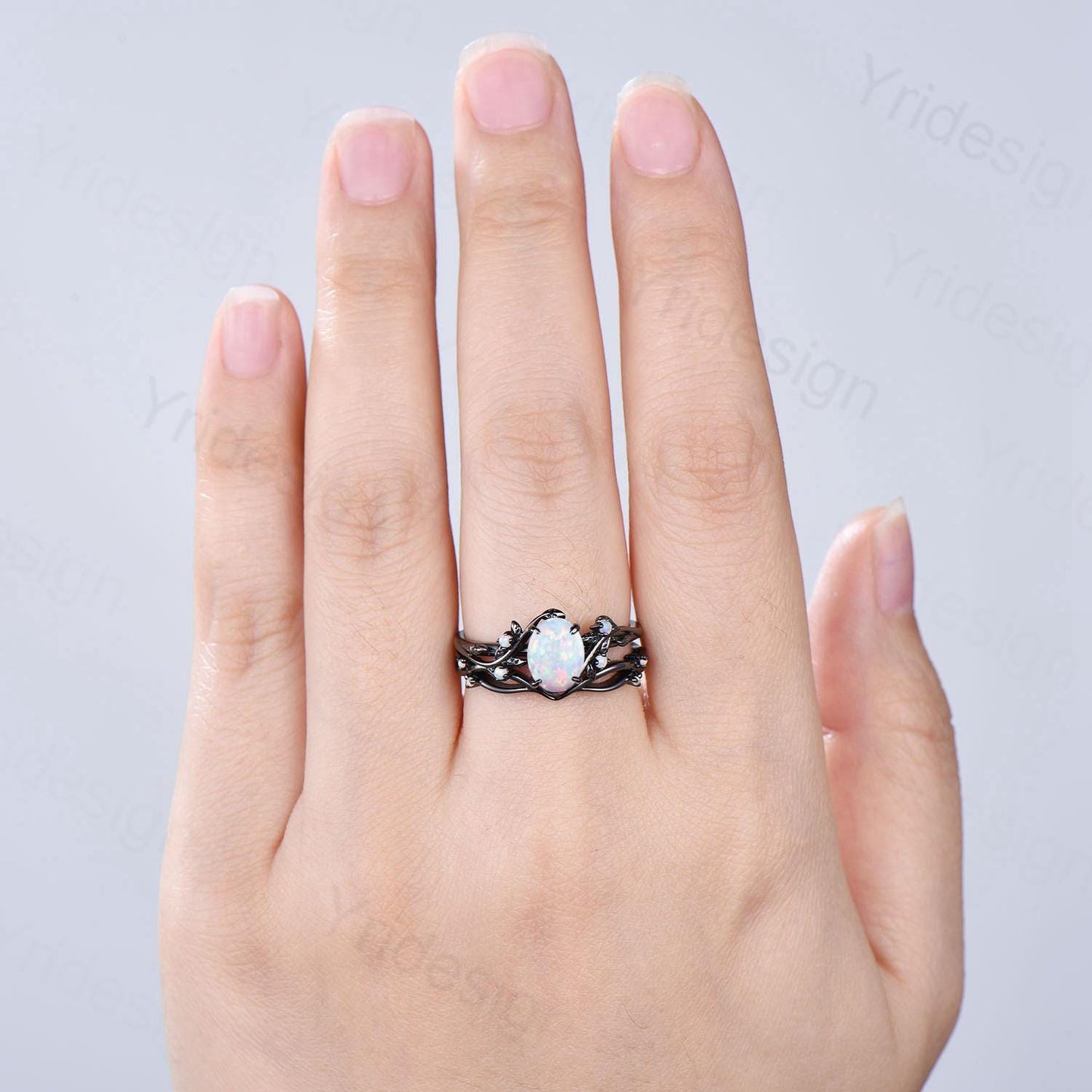 Nature Inspired Black Opal Wedding Ring Set Elegant Twig Black Gold Opal Engagement Ring Twig Vine Branch Bridal Set Unique Anniversary Ring