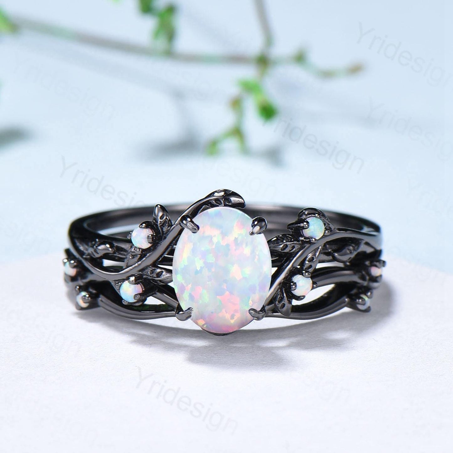 Nature Inspired Black Opal Wedding Ring Set Elegant Twig Black Gold Opal Engagement Ring Twig Vine Branch Bridal Set Unique Anniversary Ring