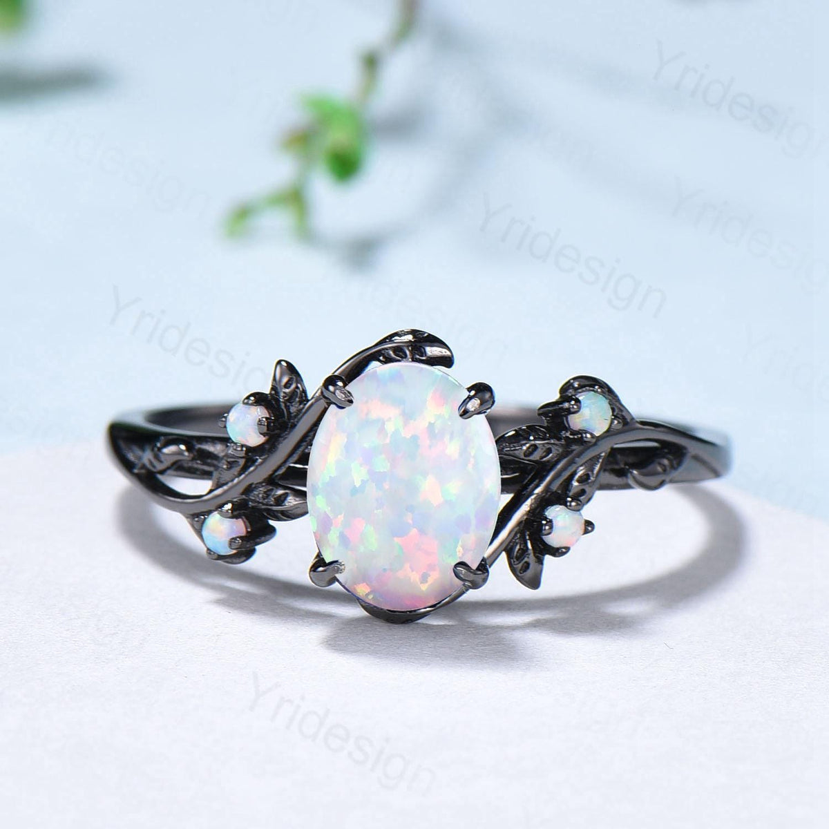 Nature Inspired Black Opal Wedding Ring Set Elegant Twig Black Gold Opal Engagement Ring Twig Vine Branch Bridal Set Unique Anniversary Ring