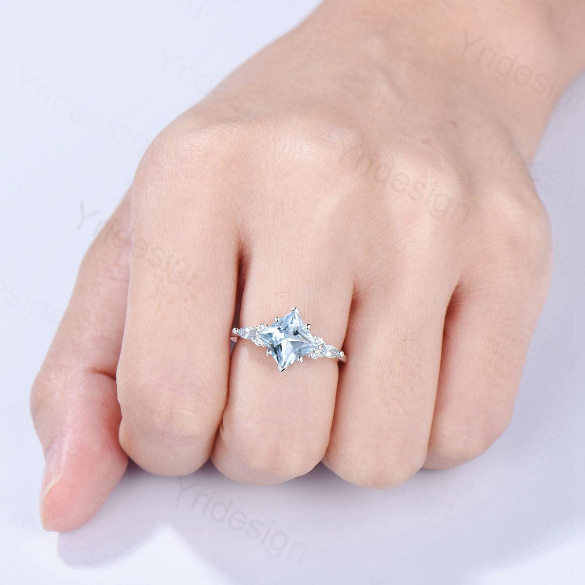 Vintage Princess Cut Natural Aquamarine Engagement Ring Set Elegant 14k White Gold Art Deco 2CT March Birthstone Anniversary Ring For Women