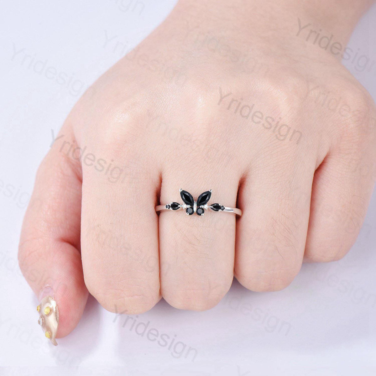Unique Butterfly Black Onyx Engagement Ring Vintage Pear Black Onyx Wedding Ring Silver Gold Spinel Dainty Nature Inspired Anniversary Ring