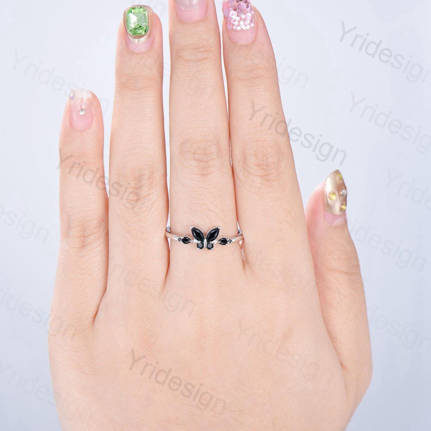 Unique Butterfly Black Onyx Engagement Ring Vintage Pear Black Onyx Wedding Ring Silver Gold Spinel Dainty Nature Inspired Anniversary Ring