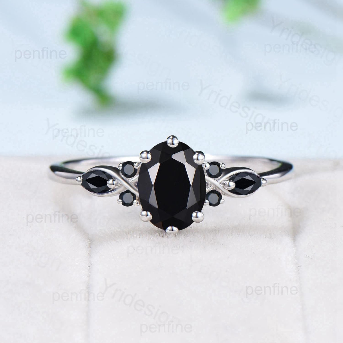Vintage oval black moissanite engagement ring 14k white gold twisted unique black onyx wedding ring set art deco anniversary gift bridal set