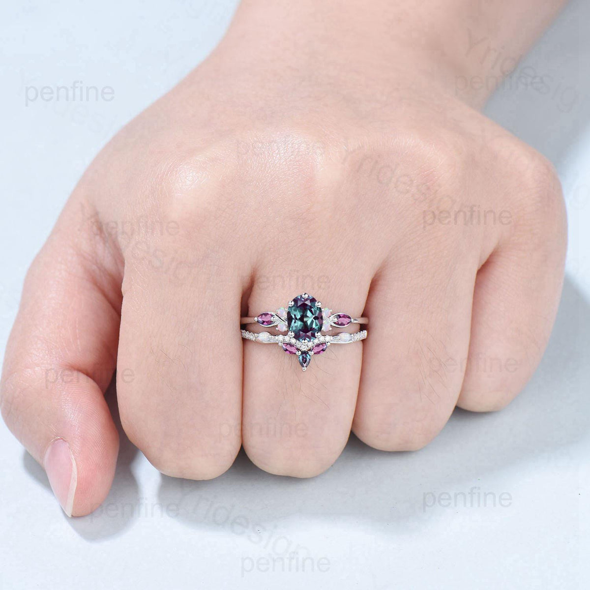 Vintage oval alexandrite engagement ring 14k white gold twisted unique opal amethyst wedding ring set art deco anniversary gift bridal set