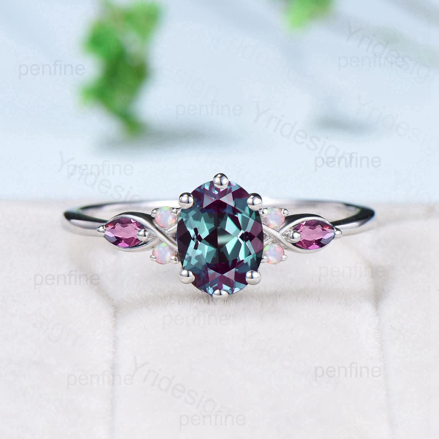 Vintage oval alexandrite engagement ring 14k white gold twisted unique opal amethyst wedding ring set art deco anniversary gift bridal set