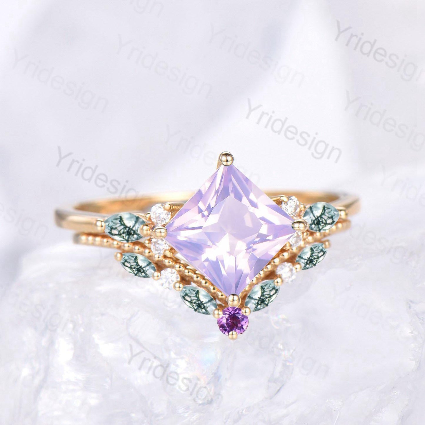 Unique Princess Cut Lavender Amethyst Engagement Ring Set Vintage 14k Yellow Gold Sterling Silver Moss Agate Ring Art Deco Bridal Set Women