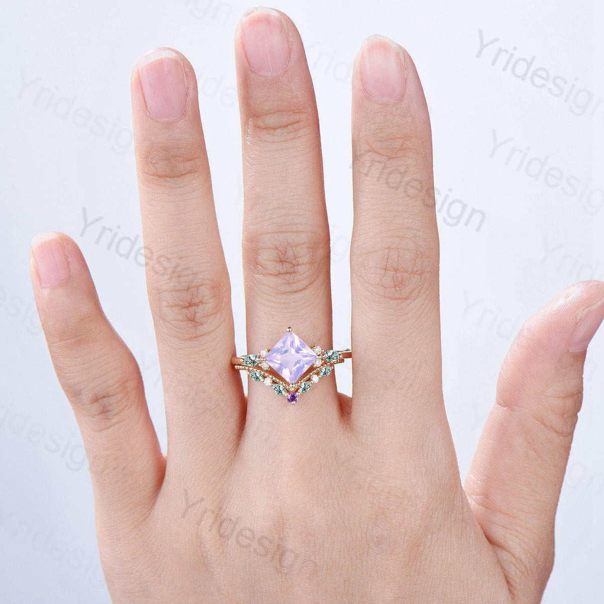 Unique Princess Cut Lavender Amethyst Engagement Ring Set Vintage 14k Yellow Gold Sterling Silver Moss Agate Ring Art Deco Bridal Set Women