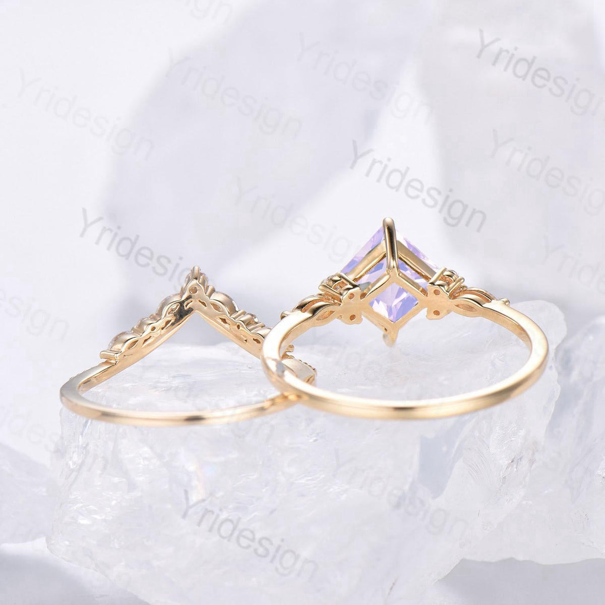 Unique Princess Cut Lavender Amethyst Engagement Ring Set Vintage 14k Yellow Gold Sterling Silver Moss Agate Ring Art Deco Bridal Set Women