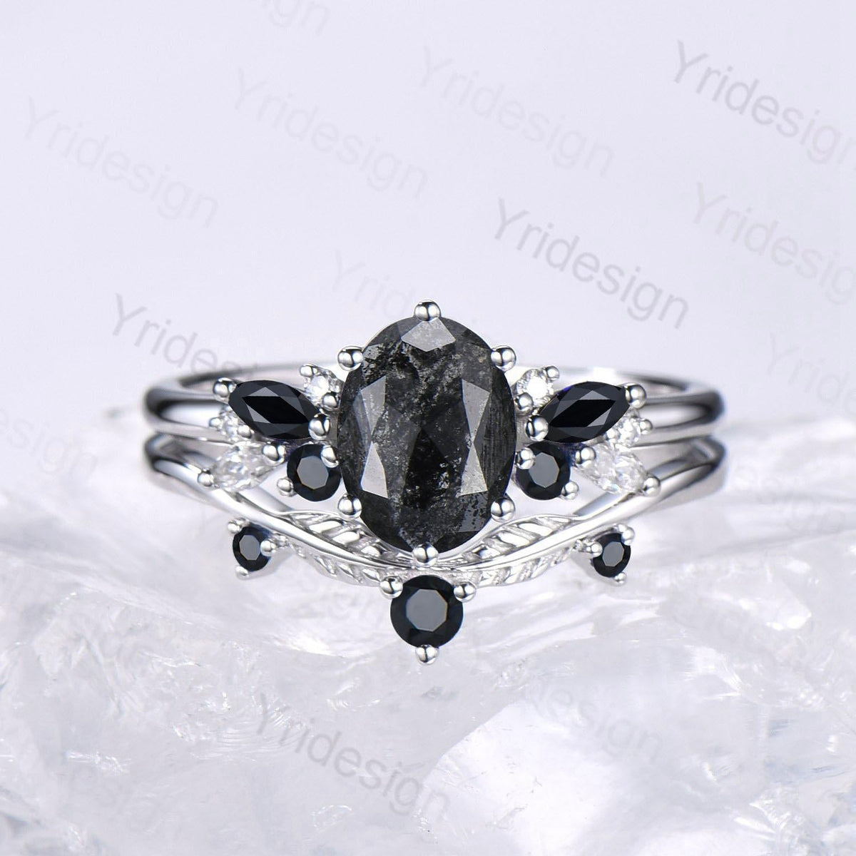 Unique salt and pepper diamond engagement ring set Art Deco Bee black spinel wedding ring vintage leaf vine stacking band bridal set women