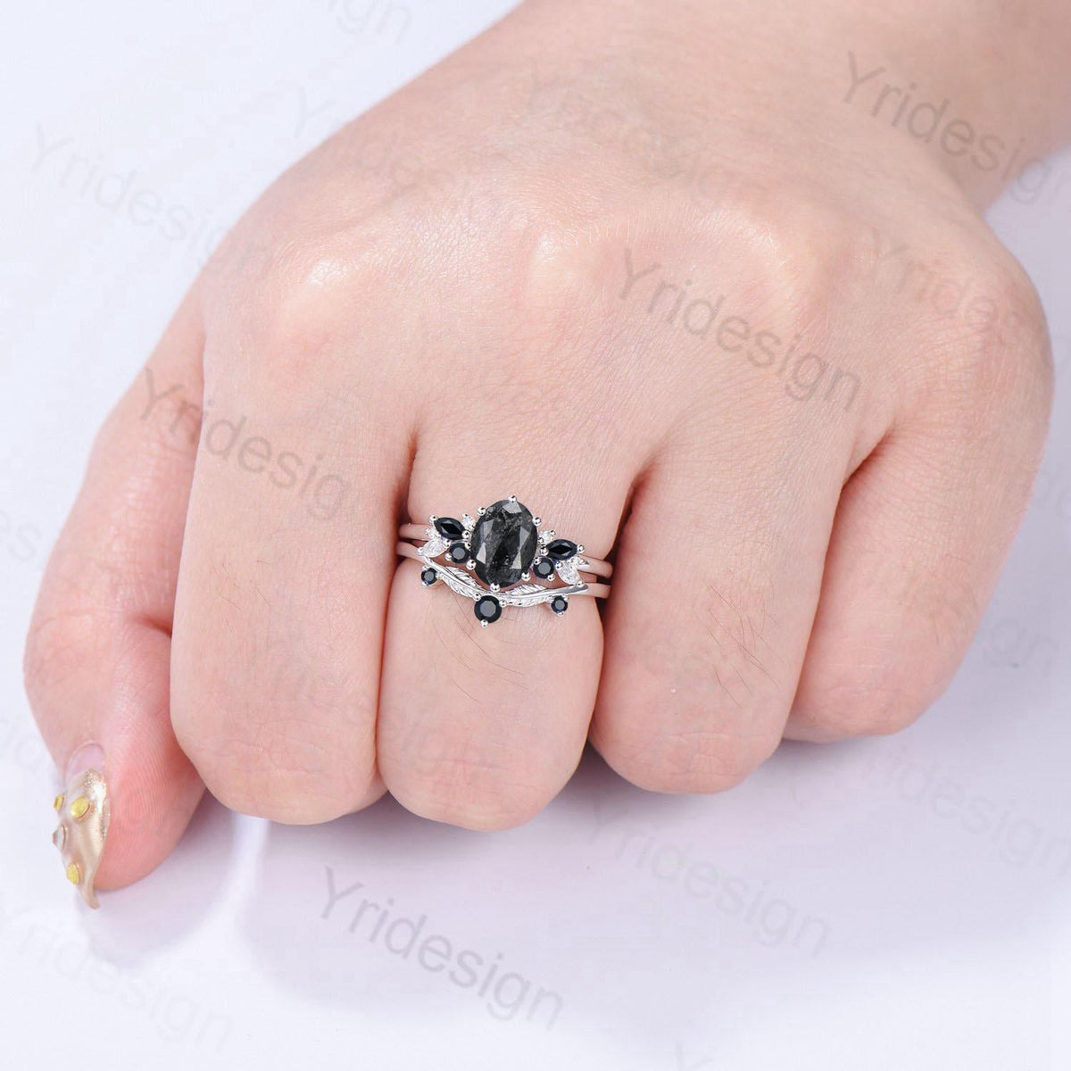 Unique salt and pepper diamond engagement ring set Art Deco Bee black spinel wedding ring vintage leaf vine stacking band bridal set women