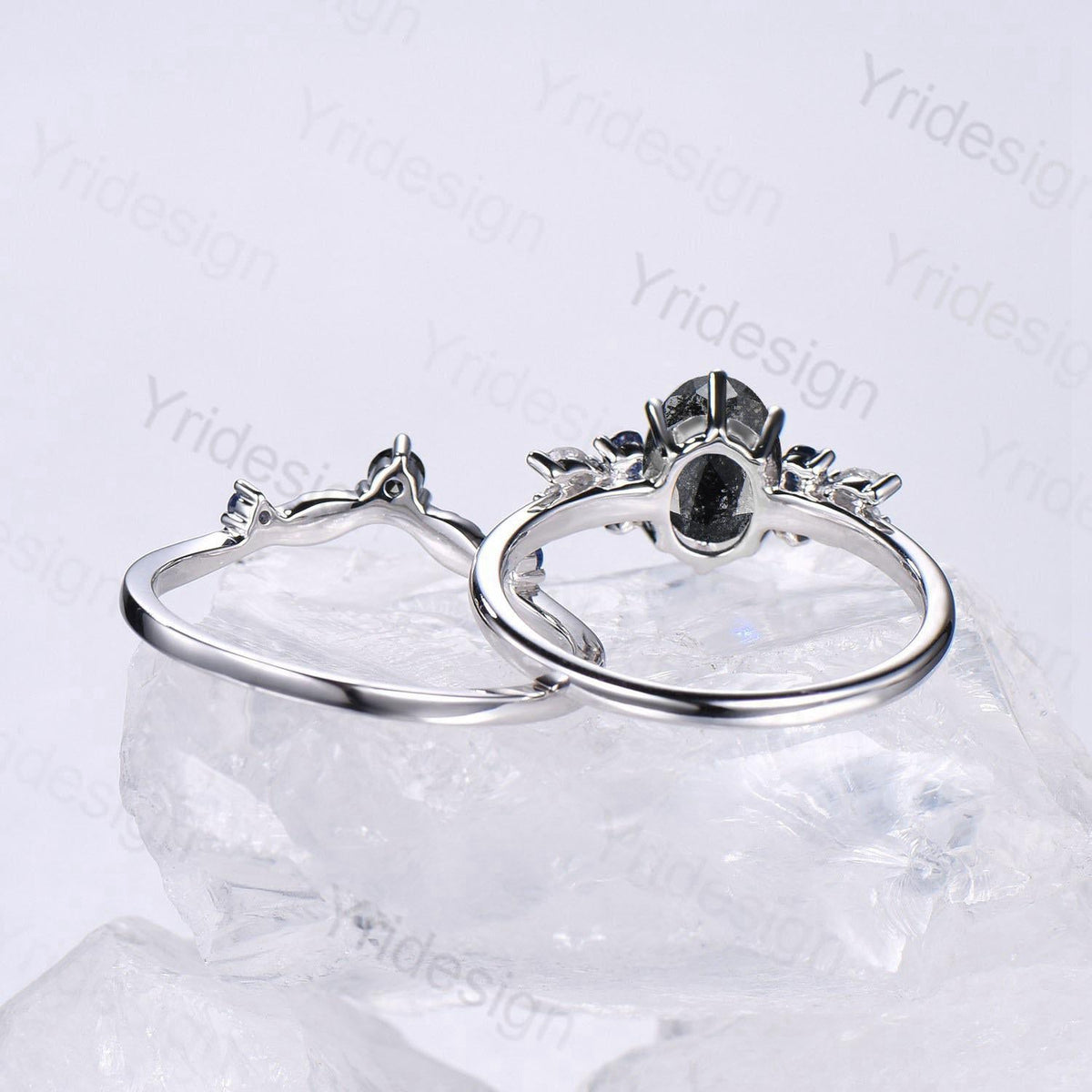 Unique salt and pepper diamond engagement ring set Art Deco Bee black spinel wedding ring vintage leaf vine stacking band bridal set women