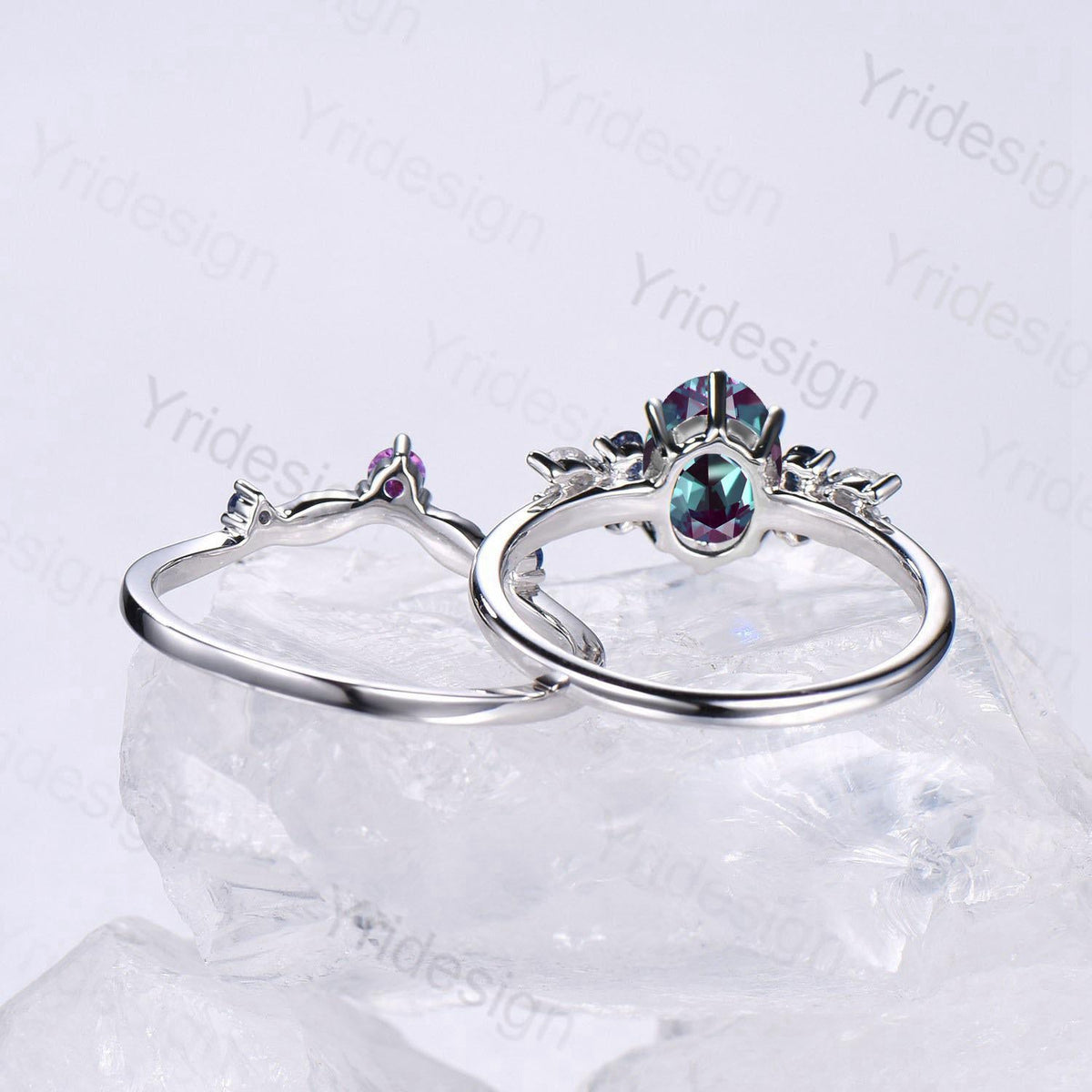 Unique Alexandrite Engagement Ring Set, 14k White Gold Moonstone June Birthstone Wedding Set, Leaf Amethyst Promise Stacking Band Bridal Set