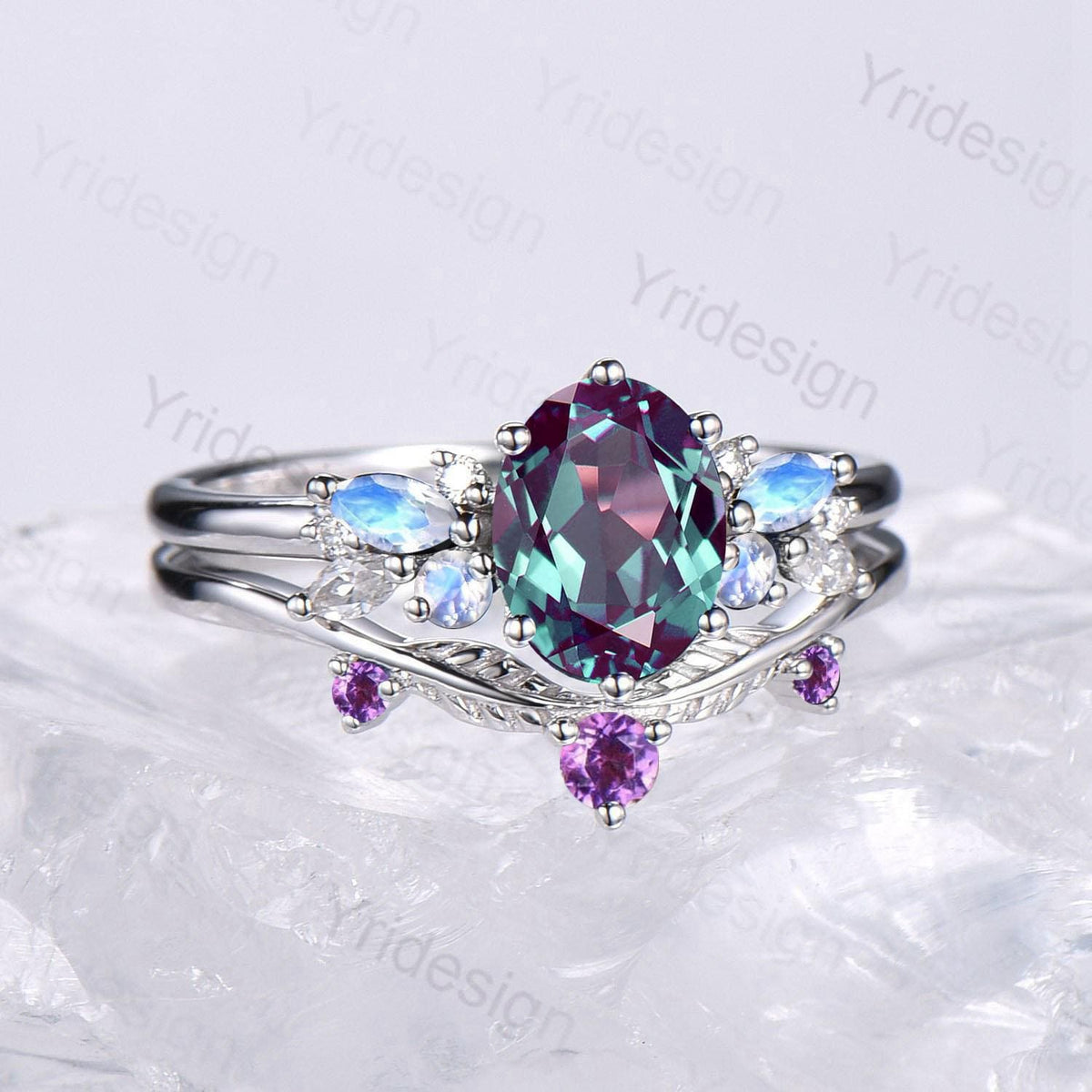 Unique Alexandrite Engagement Ring Set, 14k White Gold Moonstone June Birthstone Wedding Set, Leaf Amethyst Promise Stacking Band Bridal Set