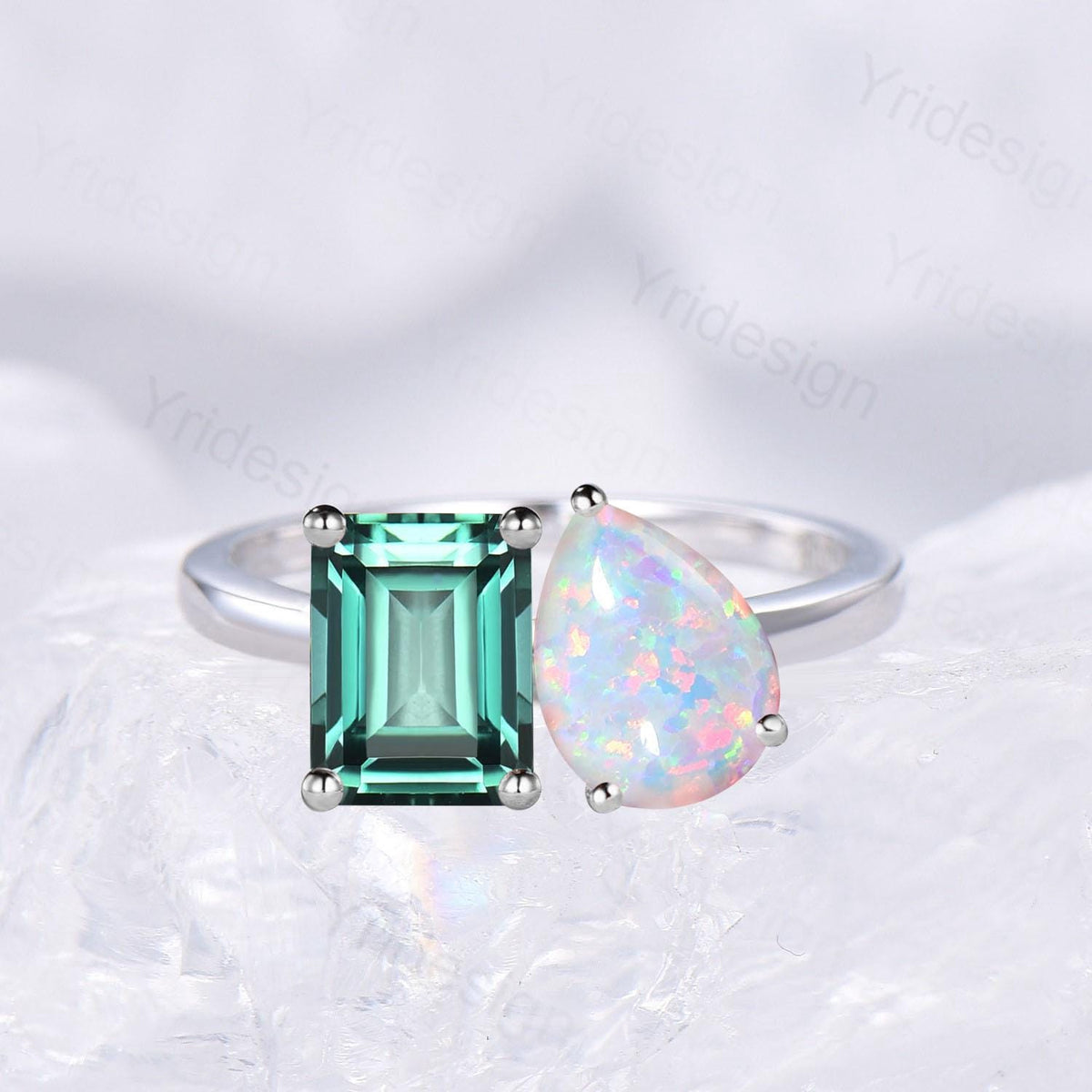 Emerald Cut Emerald And Pear White Opal Ring, Two Stone Wedding Ring, Promise Ring Her, Best Anniversary Gift, Toi Et Moi Engagement Ring