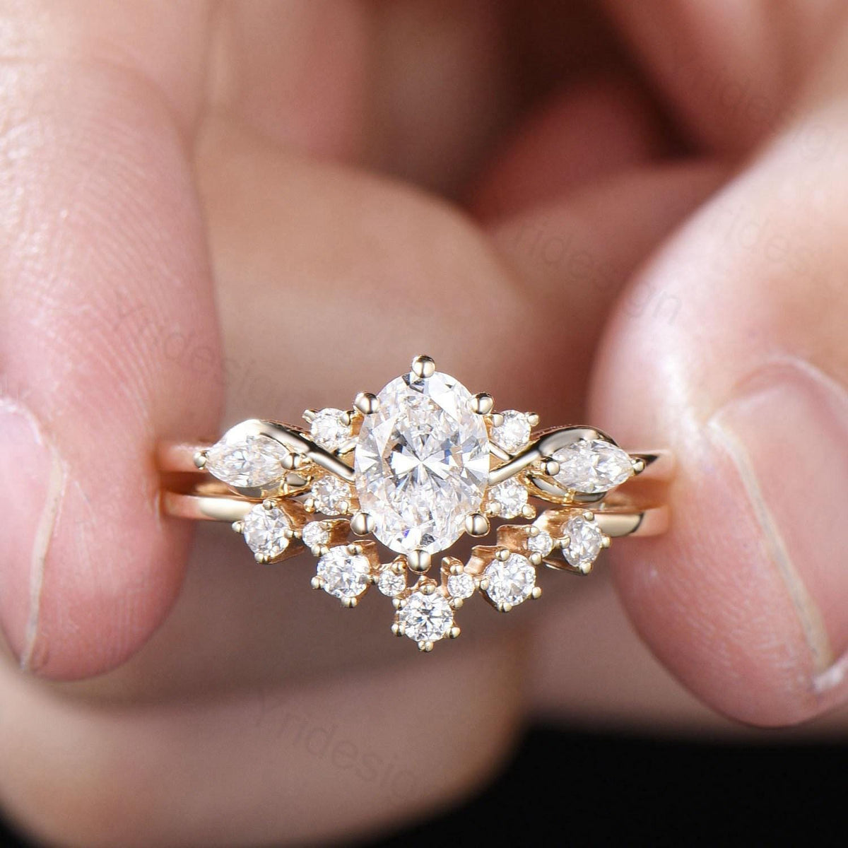 1 Carat VVS-D Oval Lab Grown Diamond Engagement Ring Set, IGI Certificate Diamond Bridal Ring Set Unique Twisted Alternative Diamond Ring