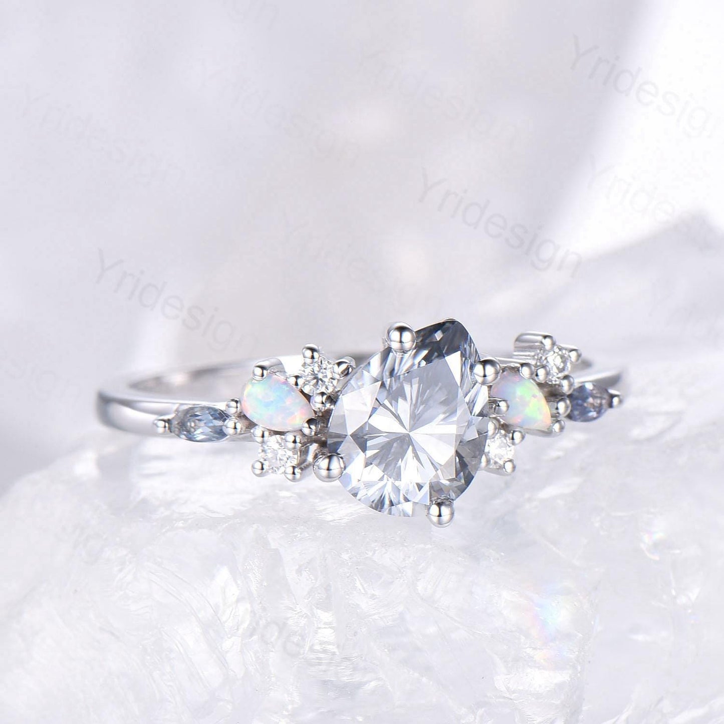 Unique Gray Moissanite Engagement Ring White Gold Pear Shaped Bridal Ring Cluster Opal Alexandrite Alternative Wedding Ring Anniversary gift