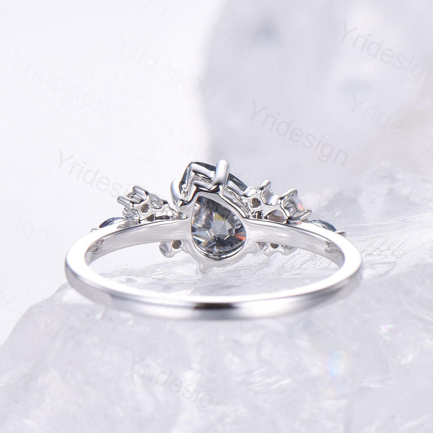 Unique Gray Moissanite Engagement Ring White Gold Pear Shaped Bridal Ring Cluster Opal Alexandrite Alternative Wedding Ring Anniversary gift