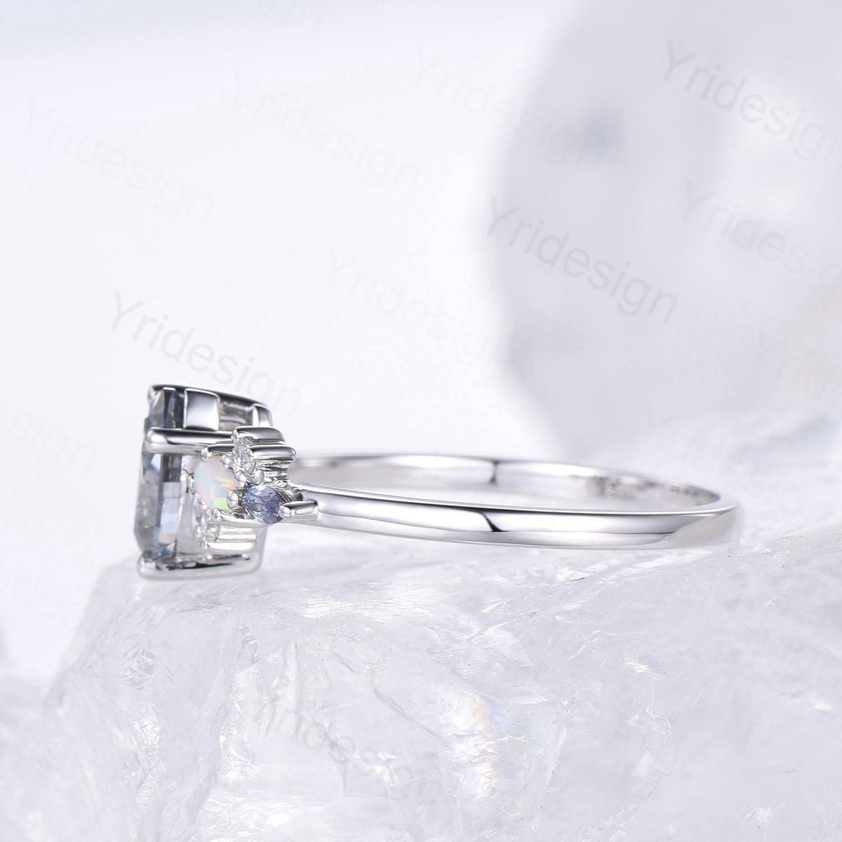 Unique Gray Moissanite Engagement Ring White Gold Pear Shaped Bridal Ring Cluster Opal Alexandrite Alternative Wedding Ring Anniversary gift