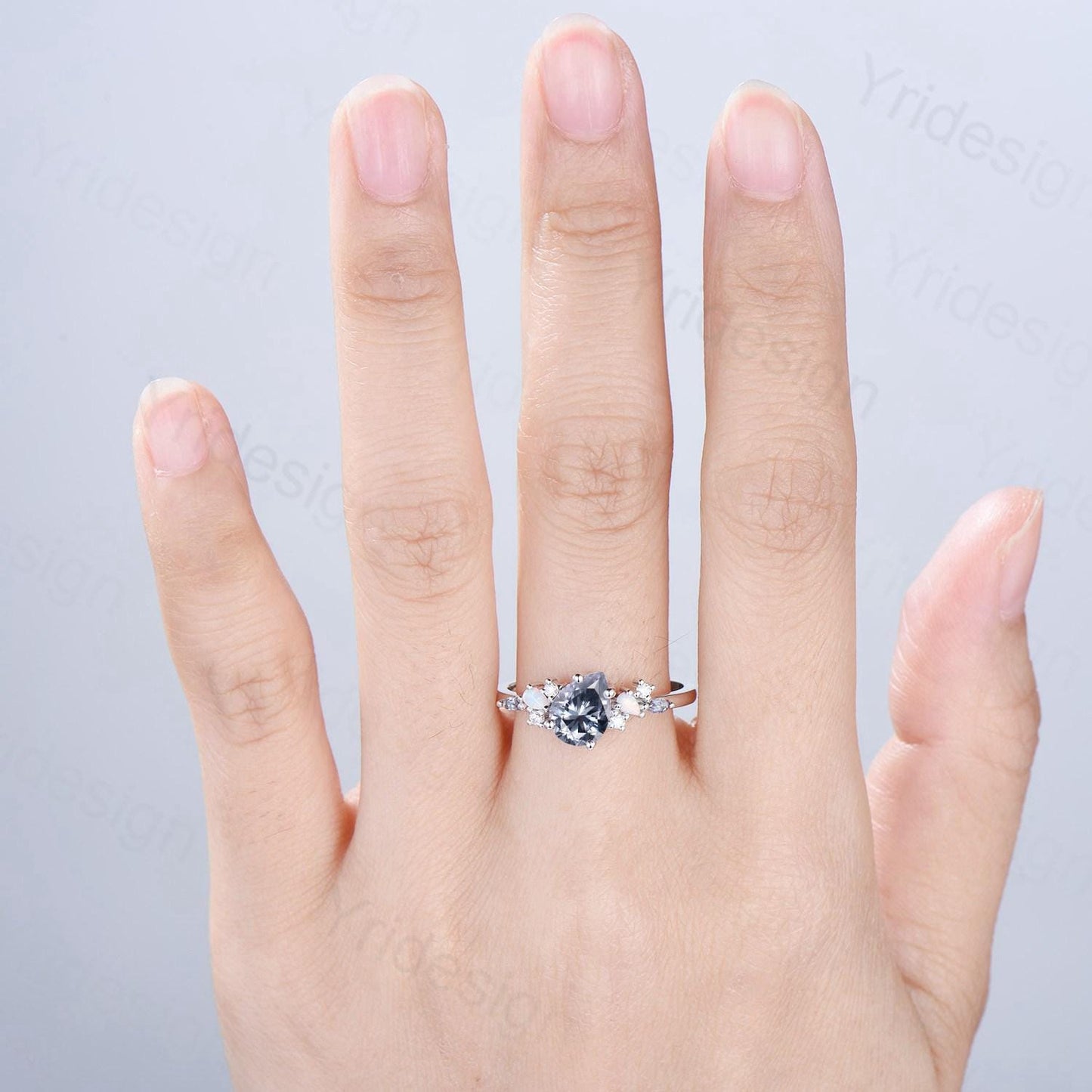 Unique Gray Moissanite Engagement Ring White Gold Pear Shaped Bridal Ring Cluster Opal Alexandrite Alternative Wedding Ring Anniversary gift