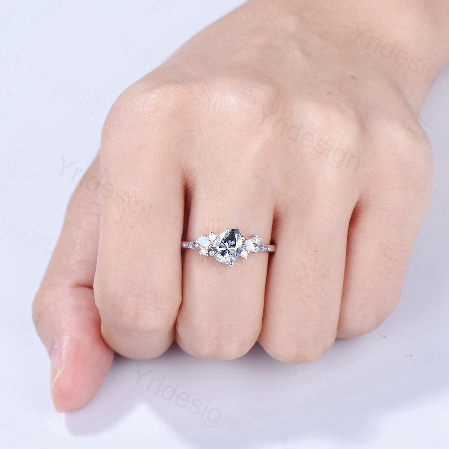 Unique Gray Moissanite Engagement Ring White Gold Pear Shaped Bridal Ring Cluster Opal Alexandrite Alternative Wedding Ring Anniversary gift