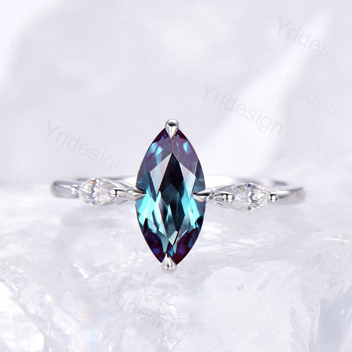 Dainty Marquise Cut Alexandrite Engagement Ring Three Stone Minimalist Color Change Stone Wedding Ring For Women Simple Anniversary Ring