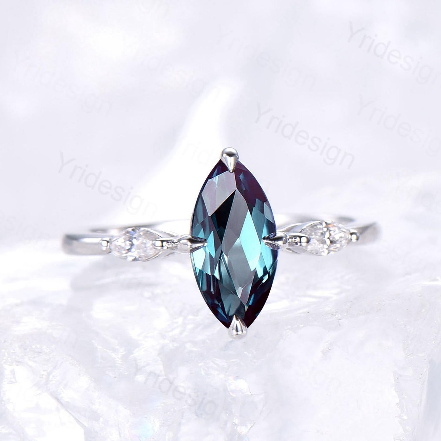 Dainty Marquise Cut Alexandrite Engagement Ring Three Stone Minimalist Color Change Stone Wedding Ring For Women Simple Anniversary Ring