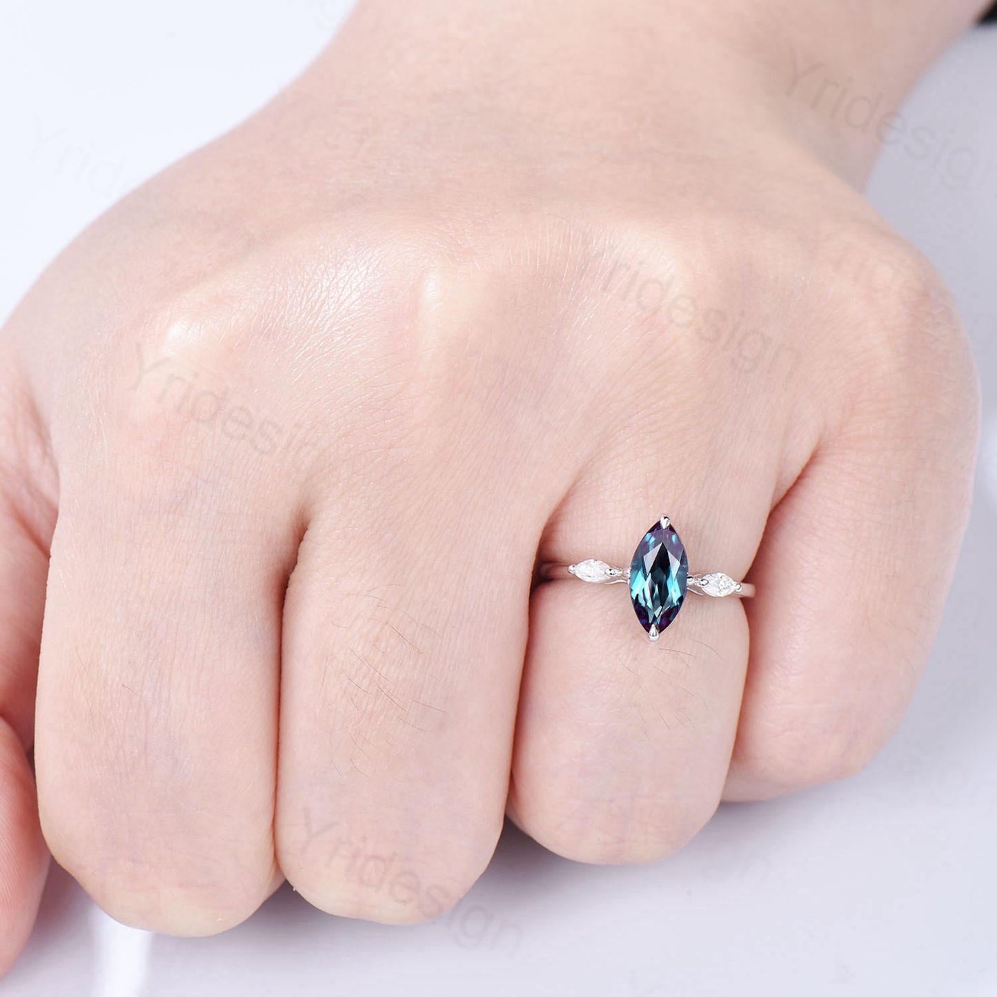 Dainty Marquise Cut Alexandrite Engagement Ring Three Stone Minimalist Color Change Stone Wedding Ring For Women Simple Anniversary Ring