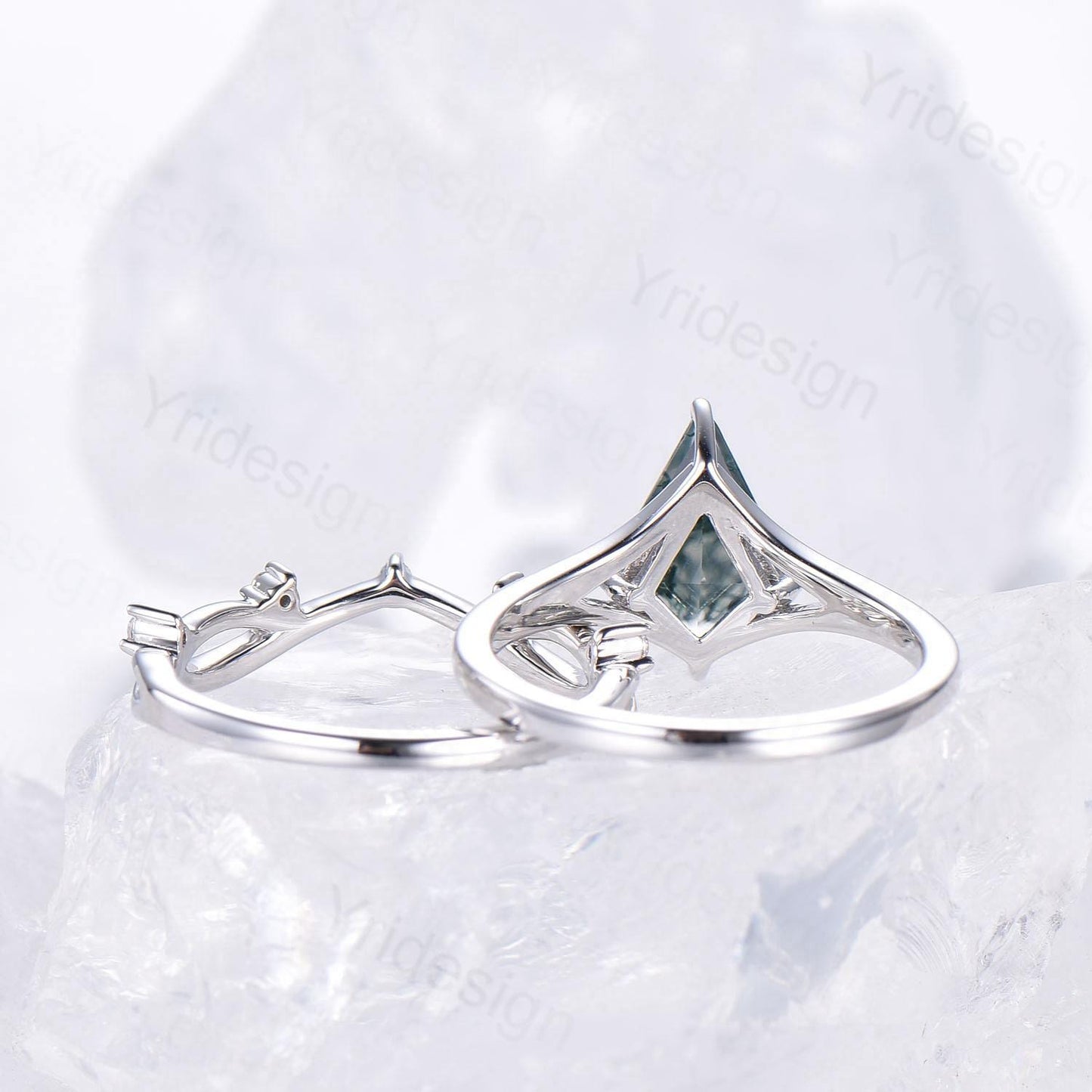 Split shank Kite cut moss agate ring set solitaire green agate engagement ring set art deco bridal wedding ring set anniversary gift women