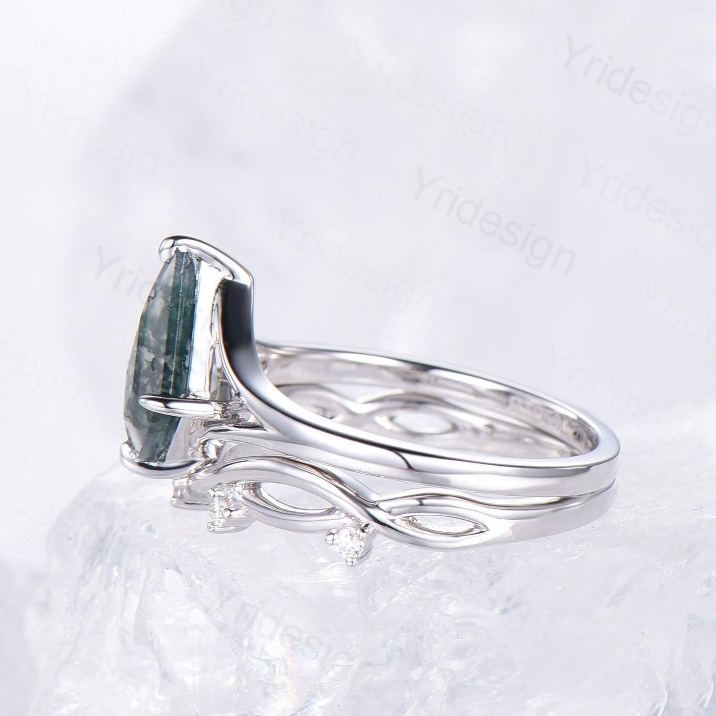 Split shank Kite cut moss agate ring set solitaire green agate engagement ring set art deco bridal wedding ring set anniversary gift women