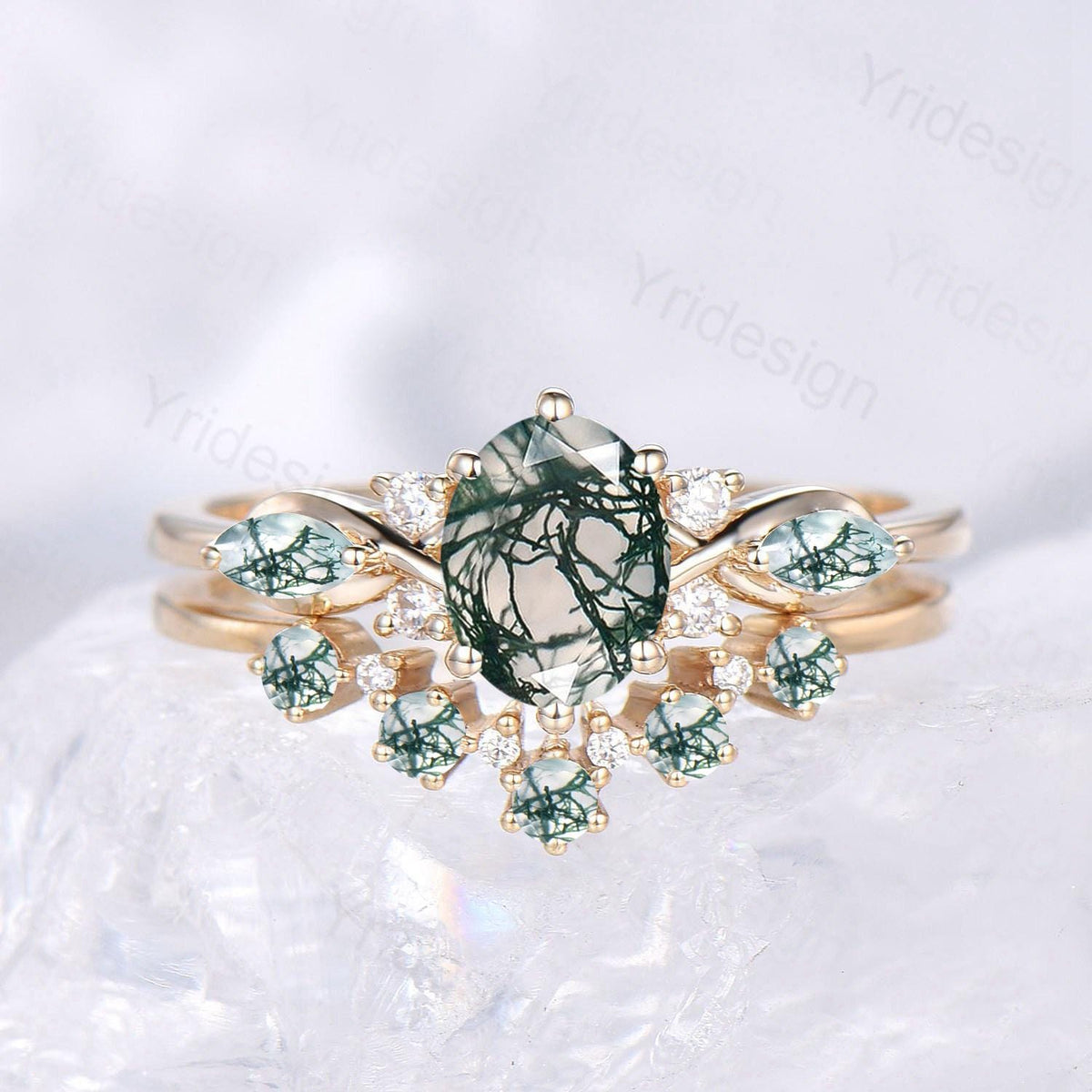 1CT oval cut green moss agate engagement ring set marquise natural green gemstone cluster ring silver 14 yellow gold bridal ring set for her