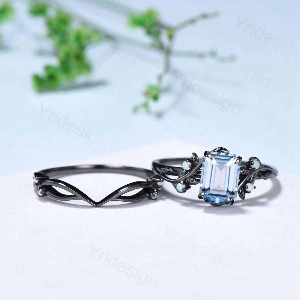 Unique black gold aquamarine engagement ring set March birthstone and opal nature inspired bridal ring set Leaf twig ladies anniversary gift