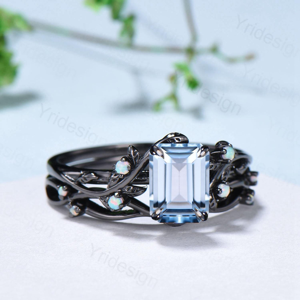 Unique black gold aquamarine engagement ring set March birthstone and opal nature inspired bridal ring set Leaf twig ladies anniversary gift
