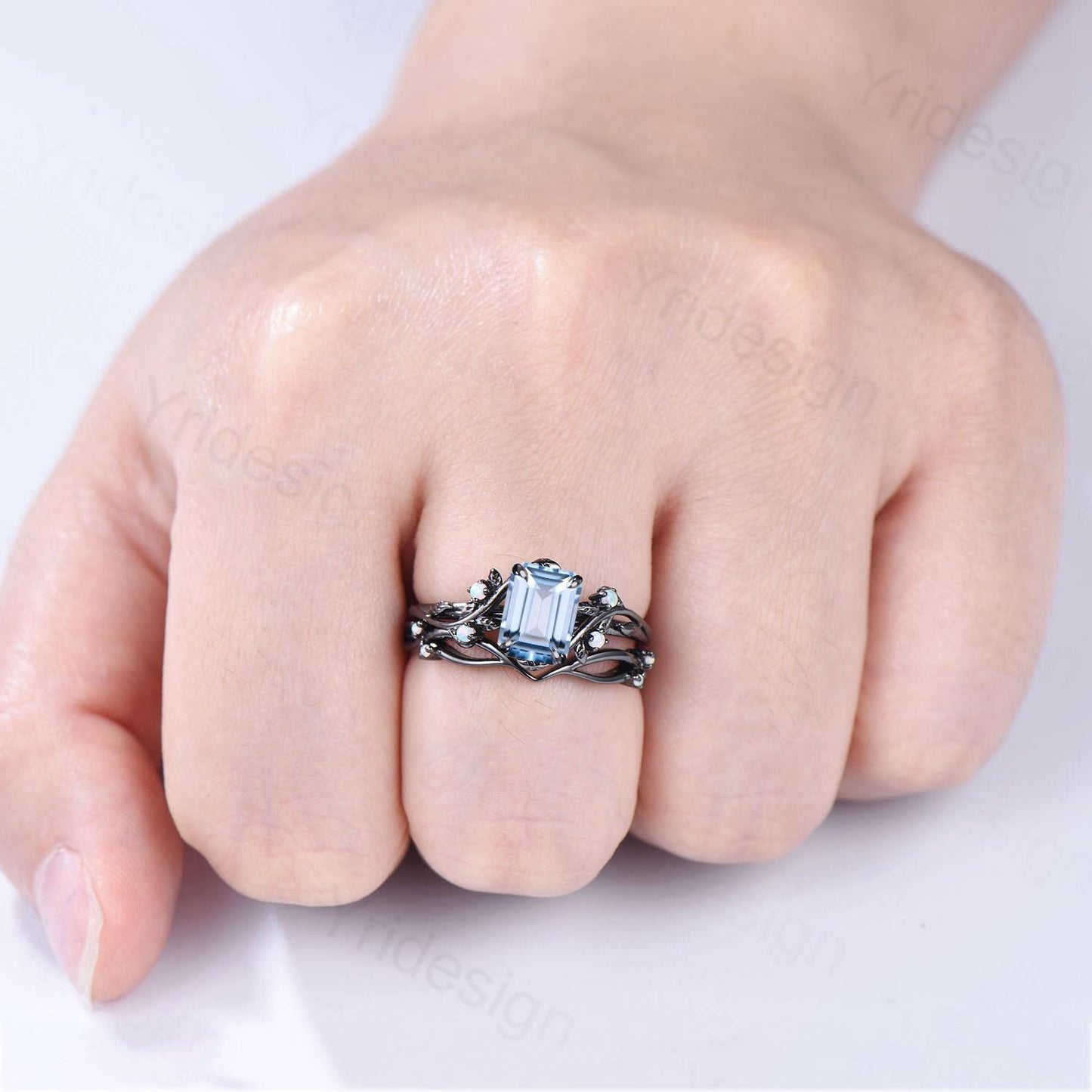 Unique black gold aquamarine engagement ring set March birthstone and opal nature inspired bridal ring set Leaf twig ladies anniversary gift
