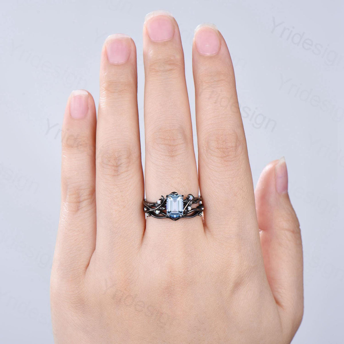 Unique black gold aquamarine engagement ring set March birthstone and opal nature inspired bridal ring set Leaf twig ladies anniversary gift