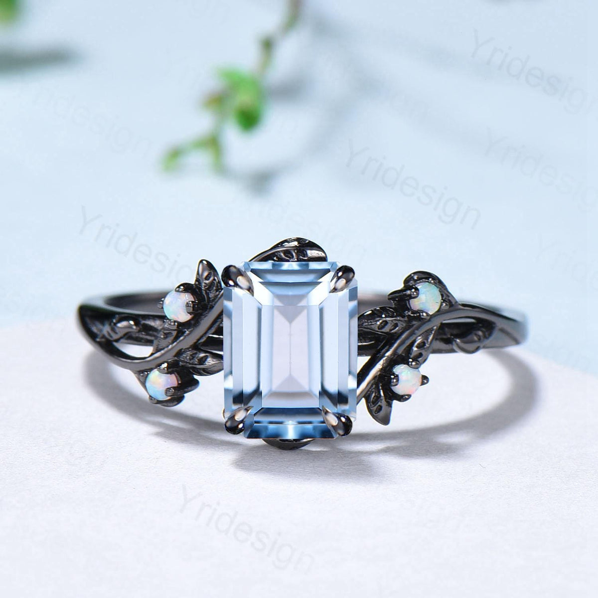 Unique black gold aquamarine engagement ring set March birthstone and opal nature inspired bridal ring set Leaf twig ladies anniversary gift