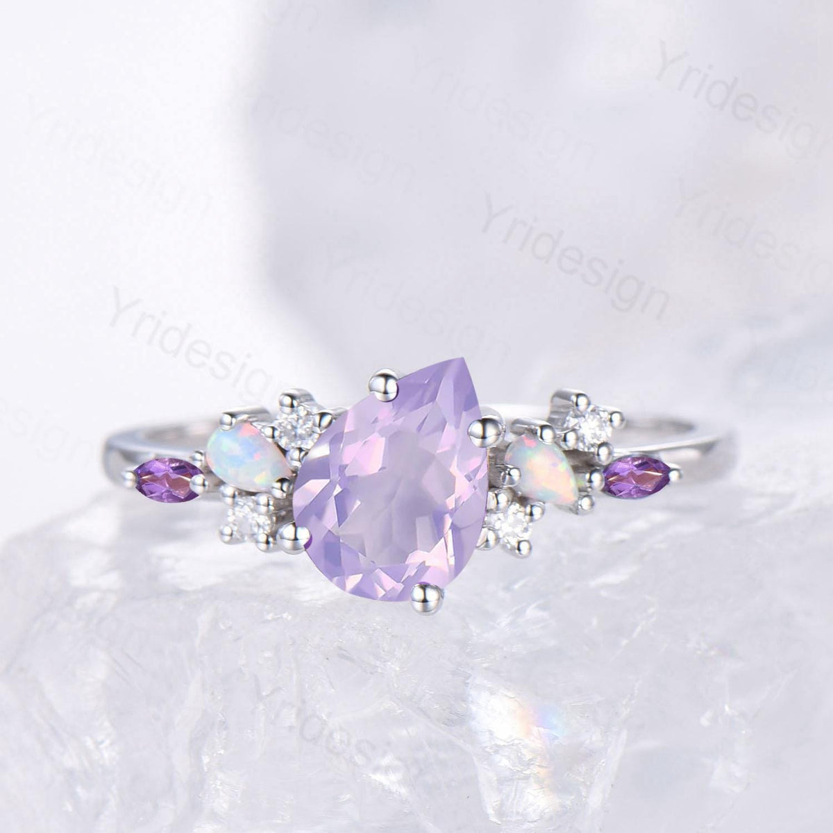 Unique Purple Gemstone Engagement Ring, Cluster Opal Lavender Amethyst Wedding Ring, Pear Shaped Purple Sapphire Ring Cute Anniversary Gift