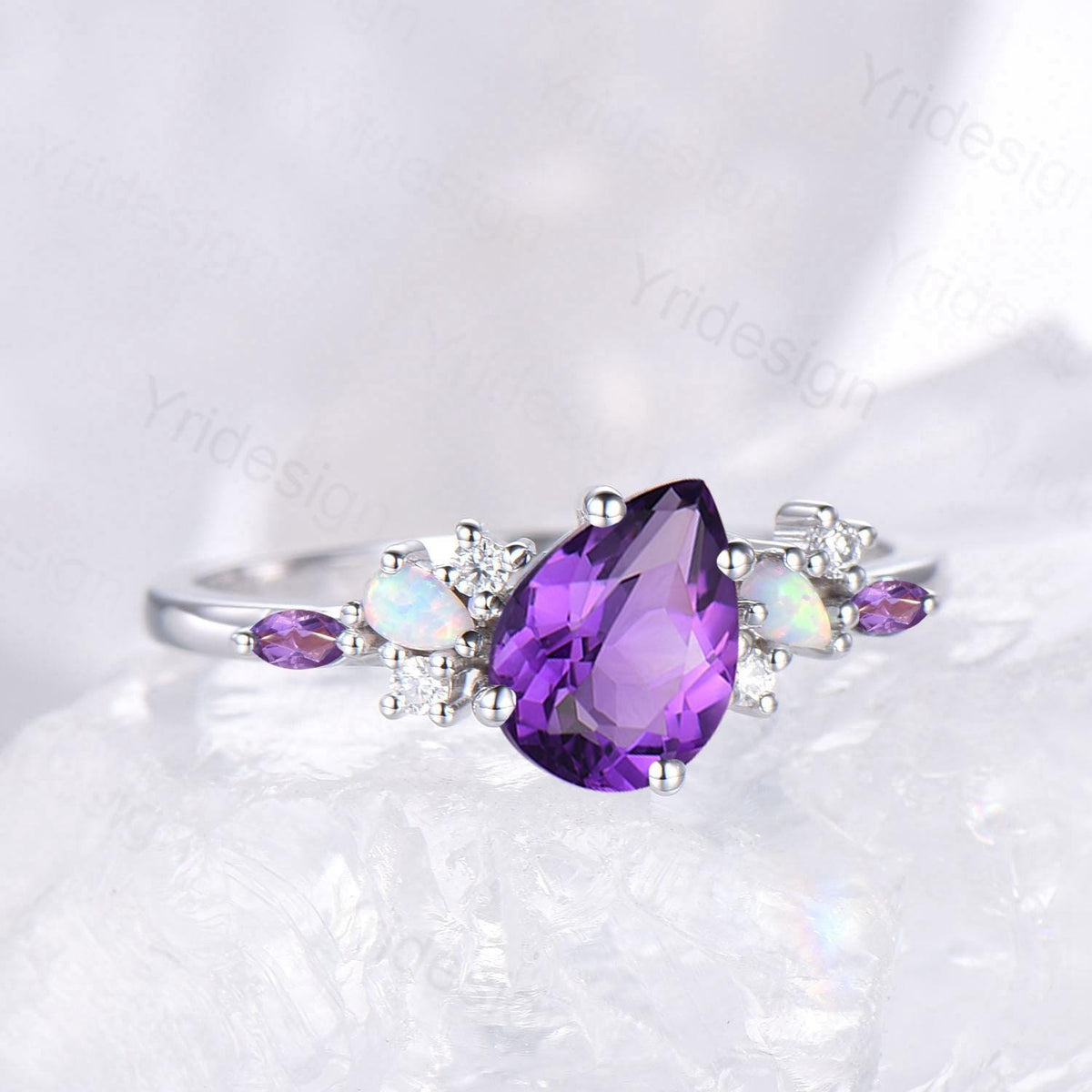 Unique Purple Gemstone Engagement Ring, Cluster Opal Lavender Amethyst Wedding Ring, Pear Shaped Purple Sapphire Ring Cute Anniversary Gift