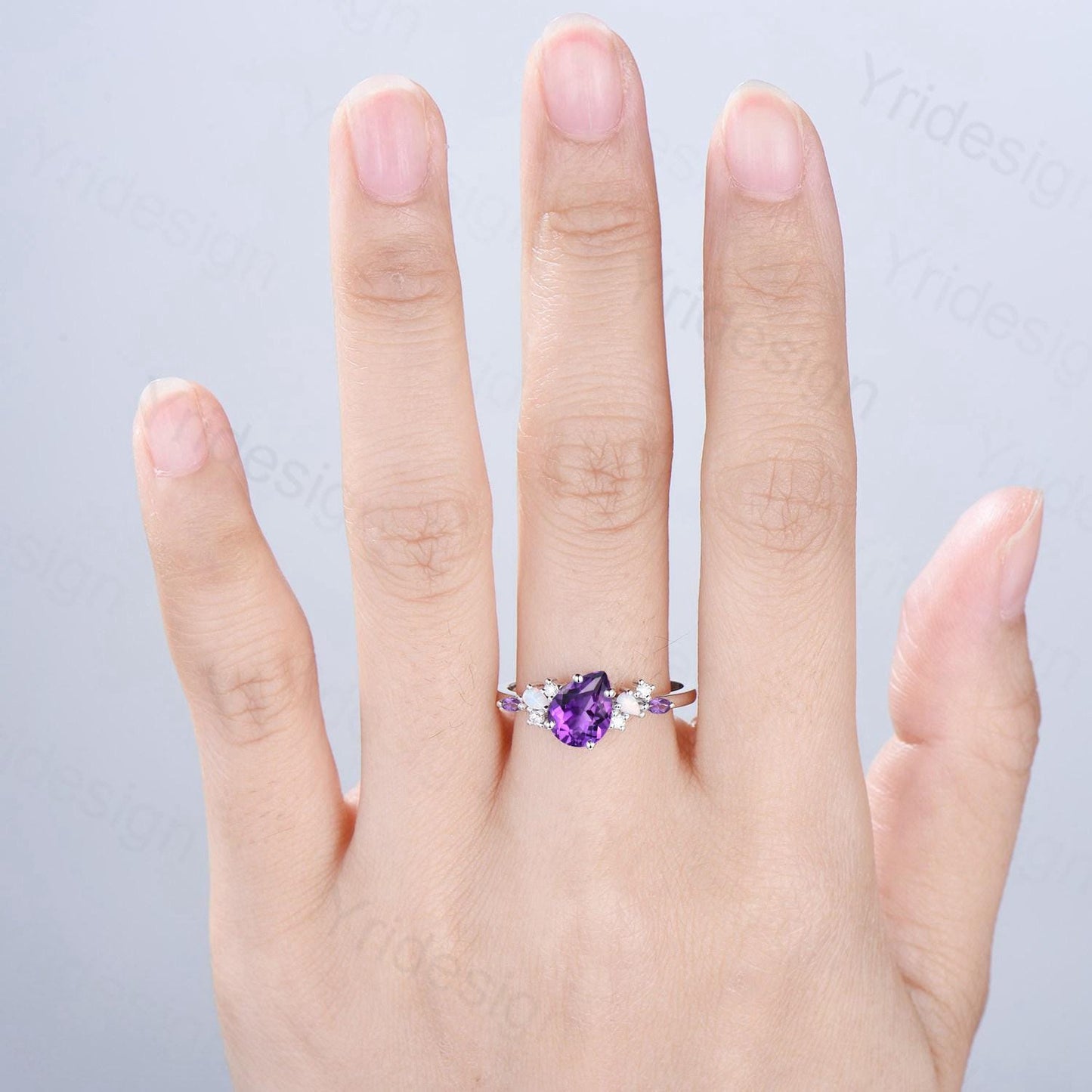 Unique Purple Gemstone Engagement Ring, Cluster Opal Lavender Amethyst Wedding Ring, Pear Shaped Purple Sapphire Ring Cute Anniversary Gift