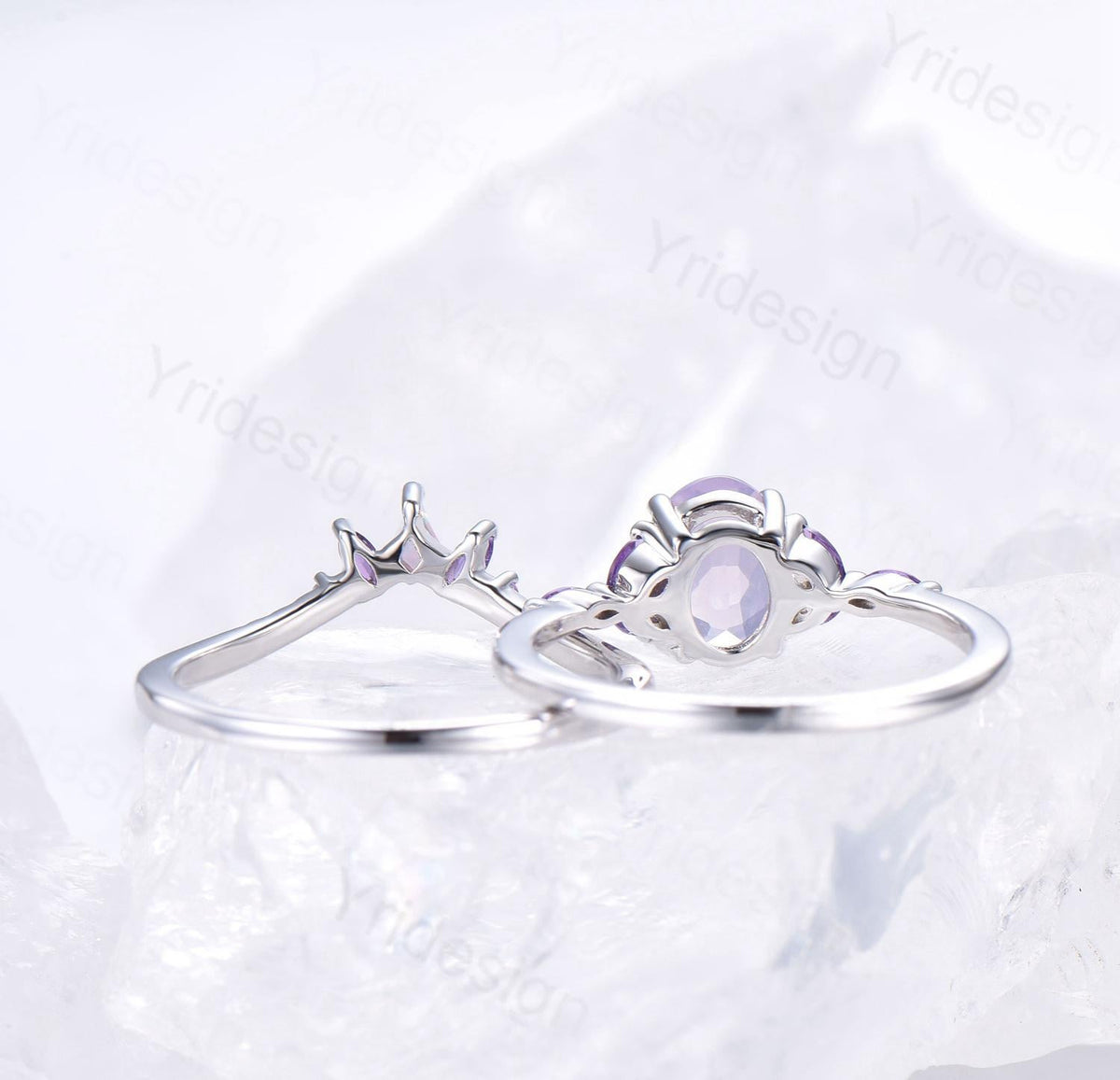 Vintage Oval natural Lavender Amethyst Engagement Ring Set Unique Seven Stone Marquise Amethyst  Wedding Bridal Set February Birthstone Gift