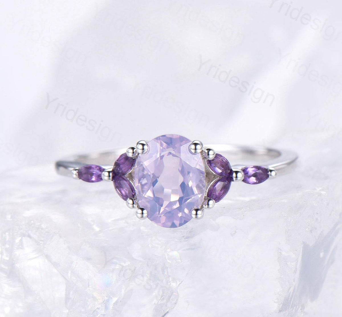 Vintage Oval natural Lavender Amethyst Engagement Ring Set Unique Seven Stone Marquise Amethyst  Wedding Bridal Set February Birthstone Gift