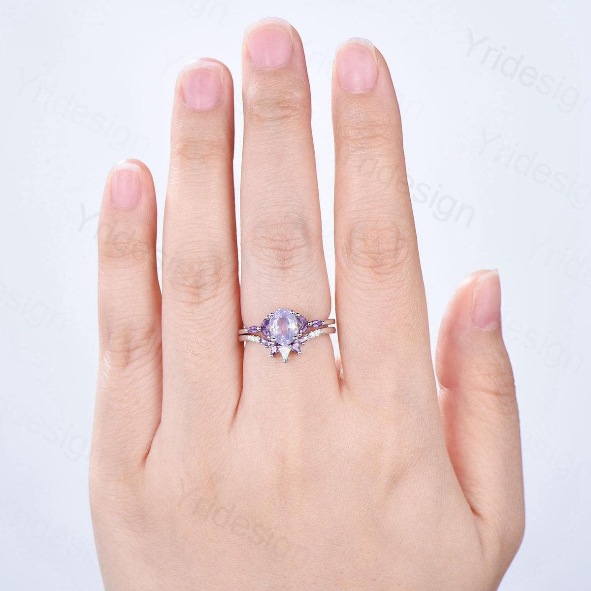Vintage Oval natural Lavender Amethyst Engagement Ring Set Unique Seven Stone Marquise Amethyst  Wedding Bridal Set February Birthstone Gift