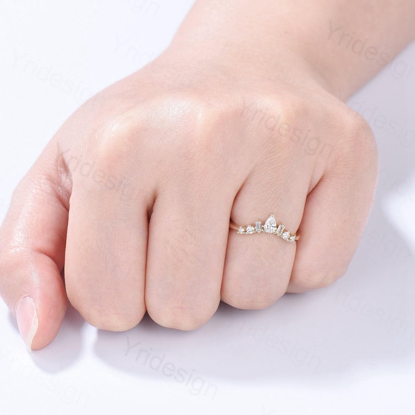 Solid 14K Yellow Gold Lab Grown diamond wedding band women unique curved wedding band women art deco matching stacking band anniversary ring