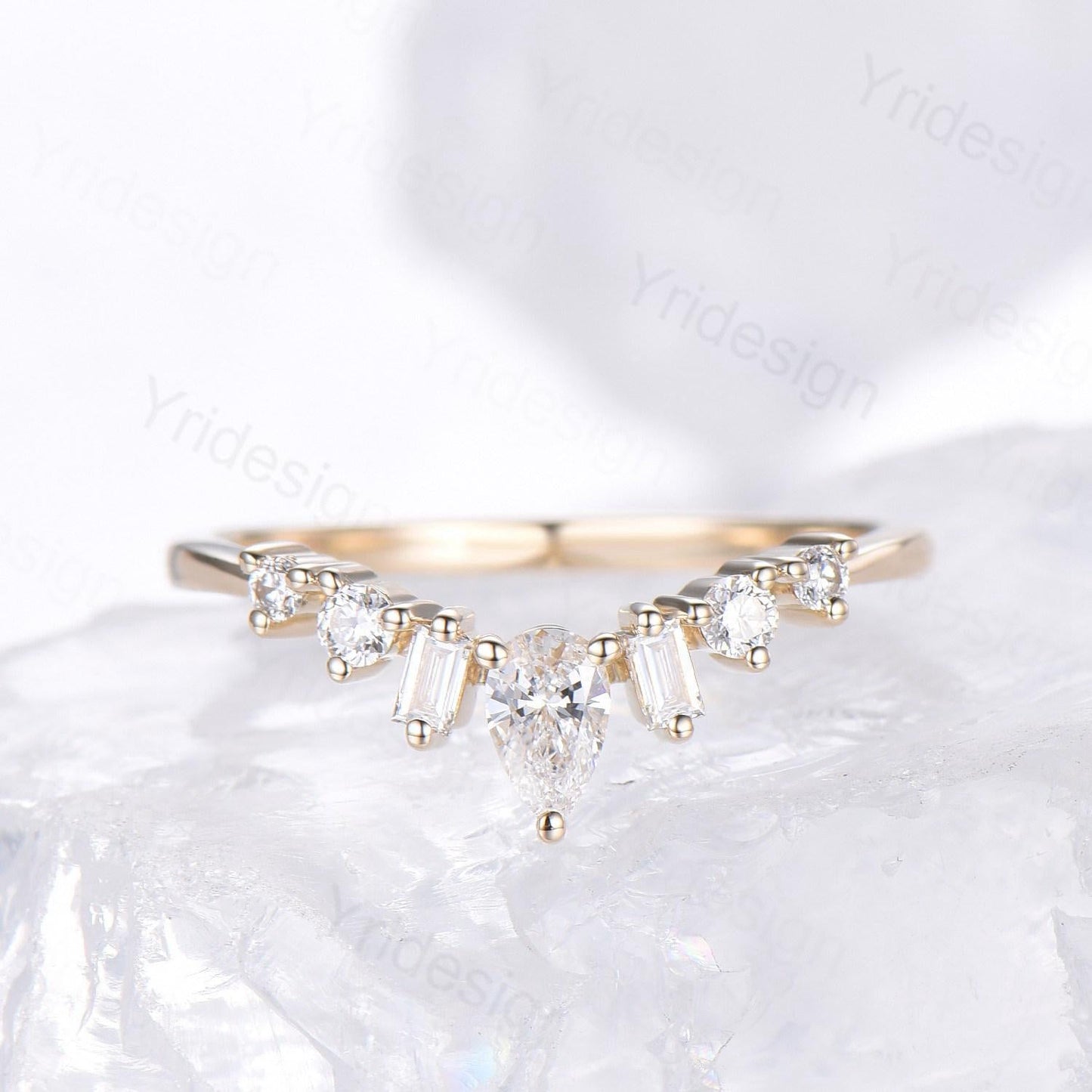 Solid 14K Yellow Gold Lab Grown diamond wedding band women unique curved wedding band women art deco matching stacking band anniversary ring