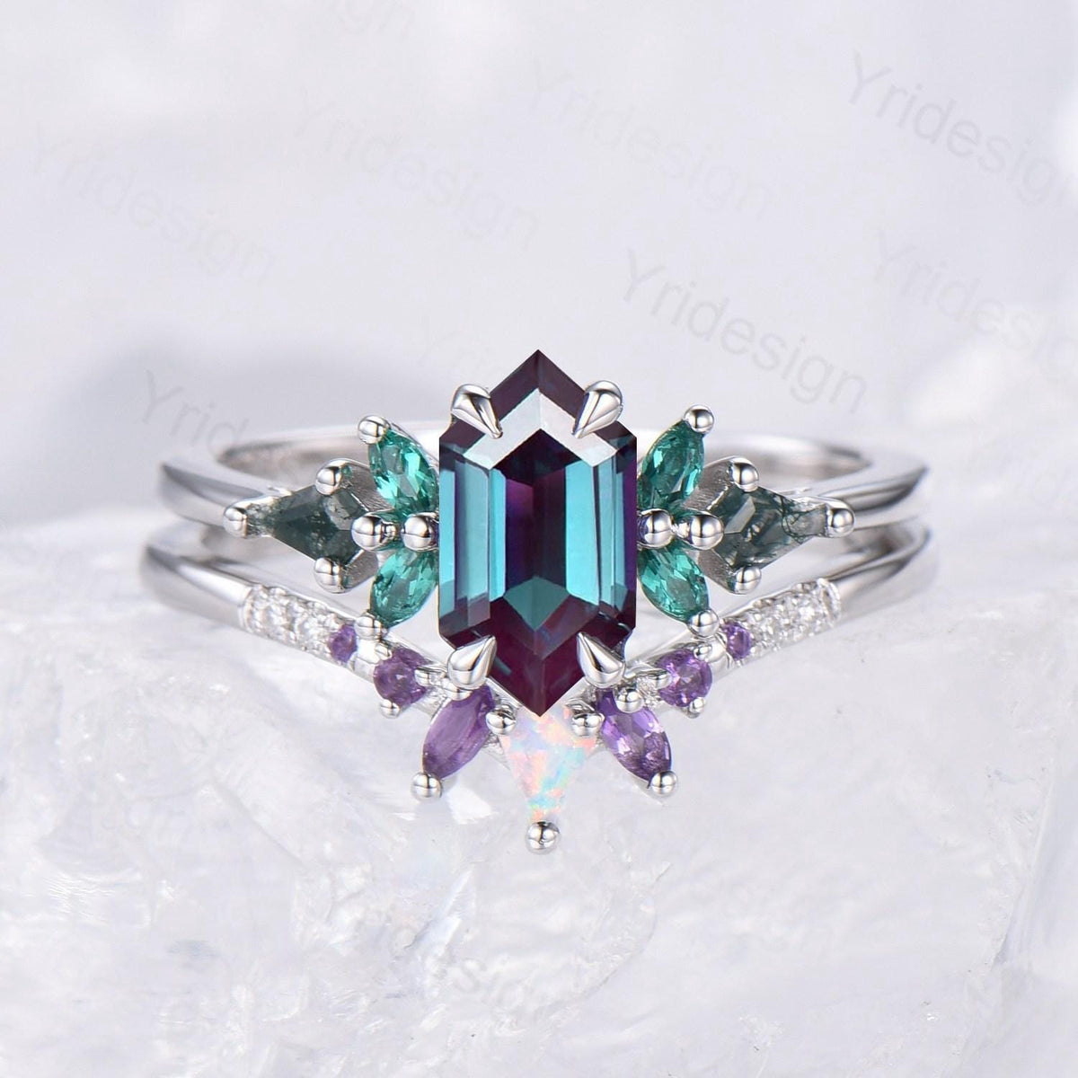 Vintage long hexagon alexandrite engagement ring set Unique cluster marquise emerald kite moss agate bridal set opal amethyst stacking band