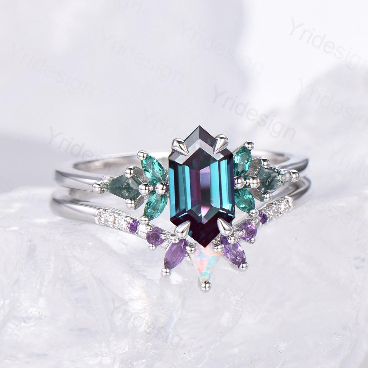 Vintage long hexagon alexandrite engagement ring set Unique cluster marquise emerald kite moss agate bridal set opal amethyst stacking band